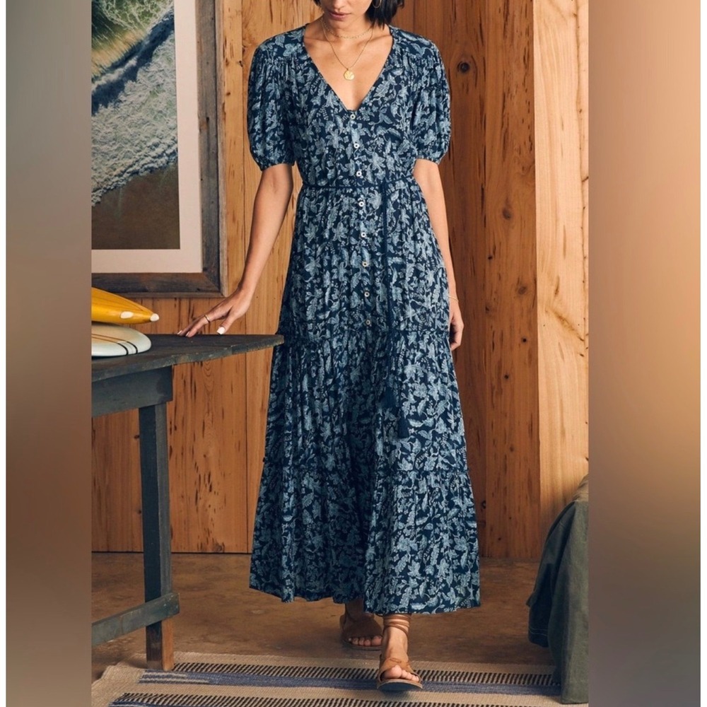 Faherty Orinda Maxi Dress S Floral Tiered Button Front Coastal Boho Cottagecore